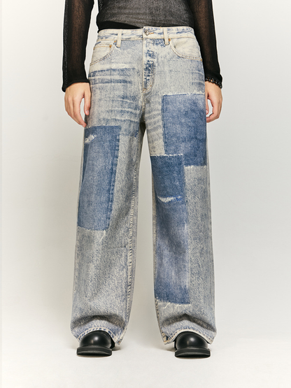 Water-washed Snowflake Print Jeans