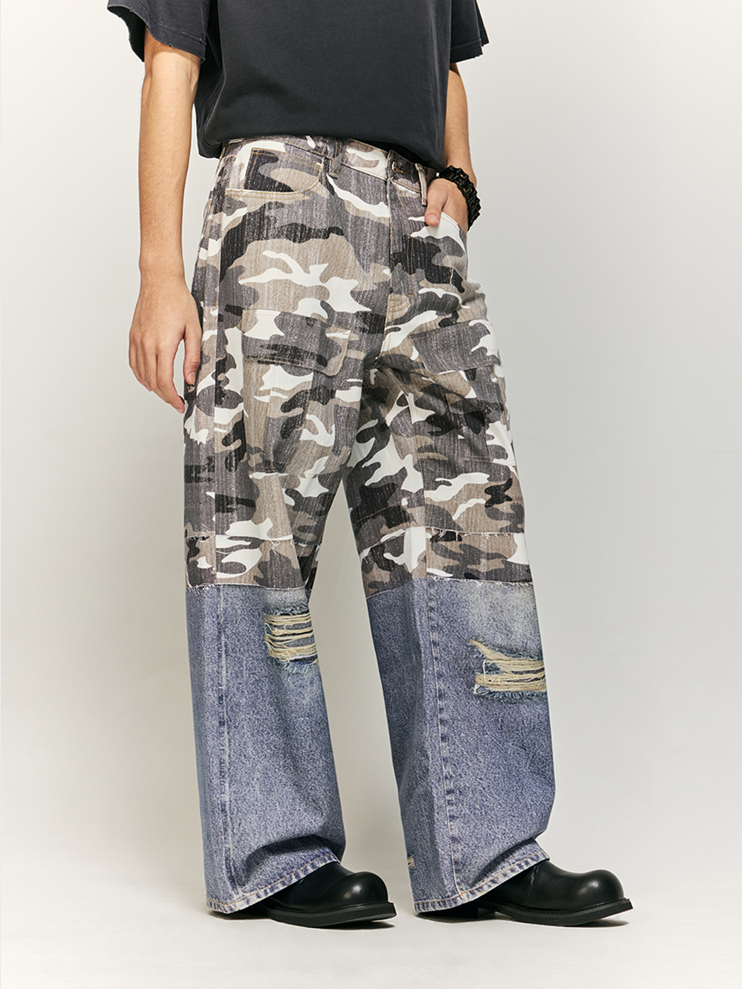 Camouflage Spliced High Street Wide-leg Jeans